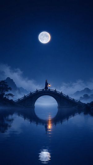 Oriental Zen Moonlit Bridge Poster AI image template preview