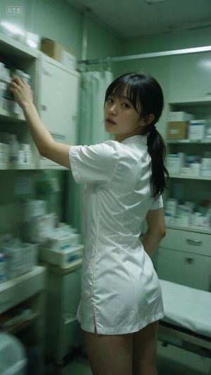 Cinematic Nurse in Medical Storage Room AI image template preview