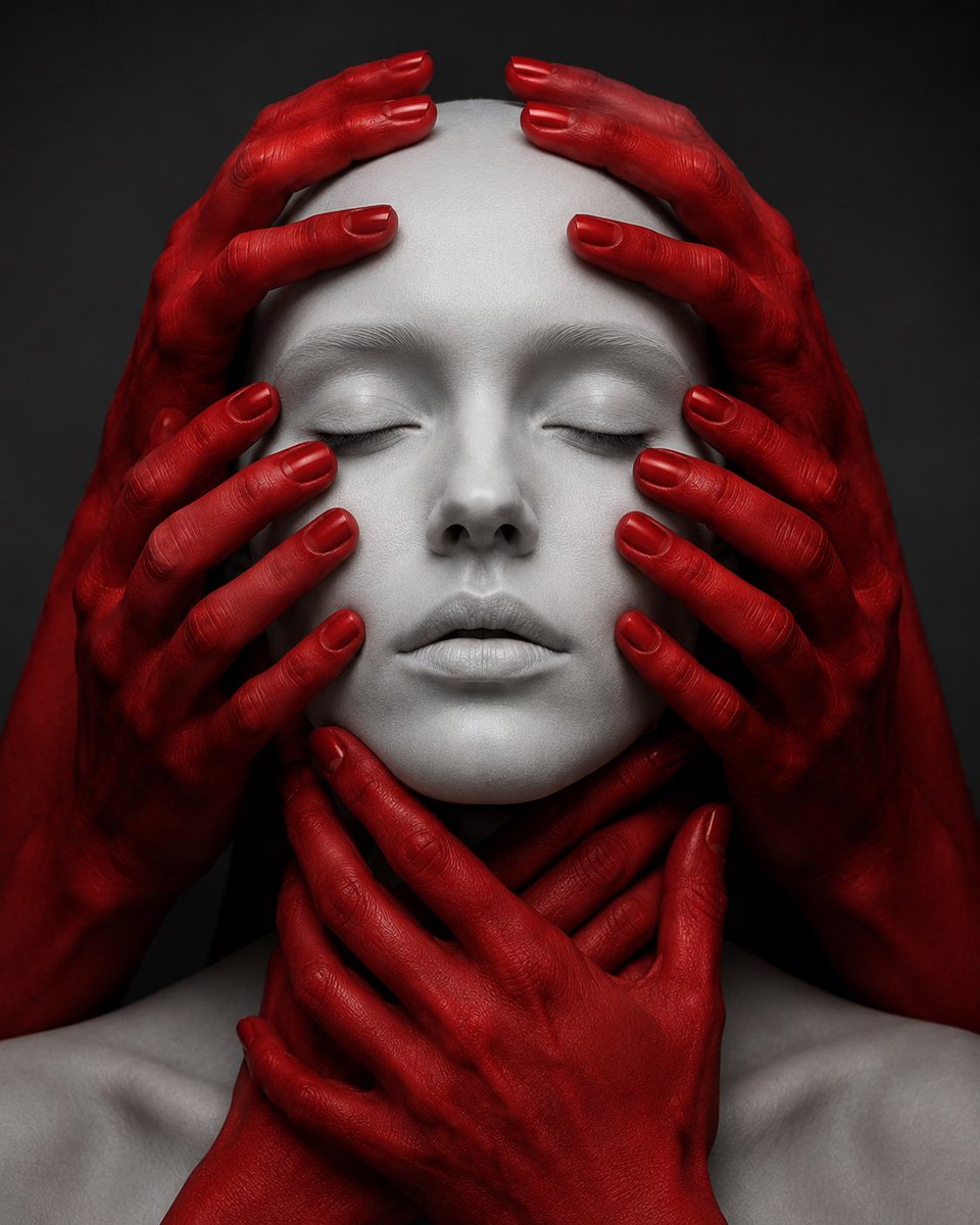 Surreal Portrait with Crimson Hands example 2