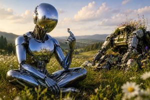 Chrome Robot Wondering in Meadow AI image template preview