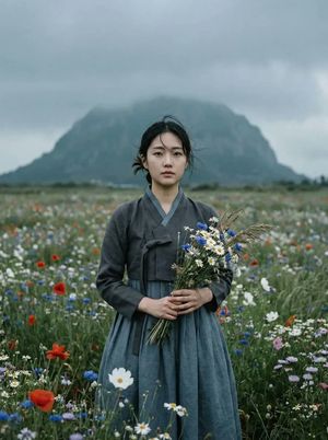 Traditional Hanbok Portrait in Wildflower Meadow AI image template preview