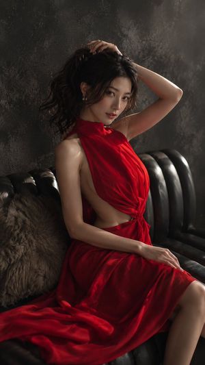 Moody Red Velvet Fashion Portrait AI image template preview