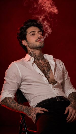Cinematic Studio Red Background Portrait AI image template preview