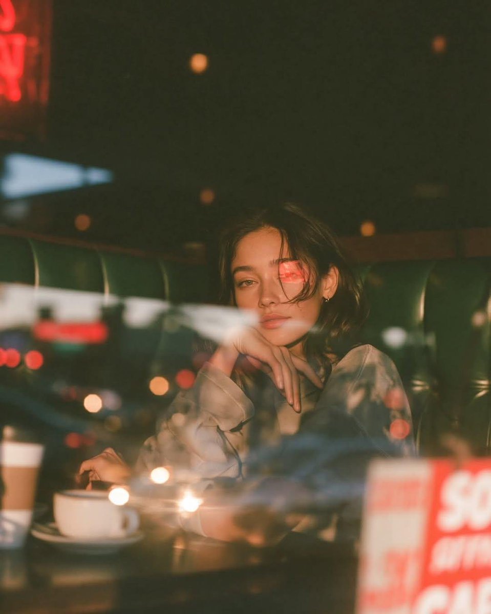 Cinematic Café Portrait at Blue Hour example 2