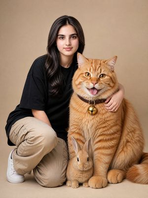 Cozy Portrait with a Giant Cat and Bunny AI image template preview