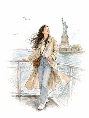 Watercolor Illustration of a Woman on a NYC Ferry AI image template preview