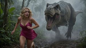 Terrified Woman Pursued by T-Rex in Jungle AI image template preview