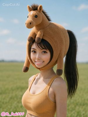 Ponytail Girl in Plush Horse Hood AI image template preview