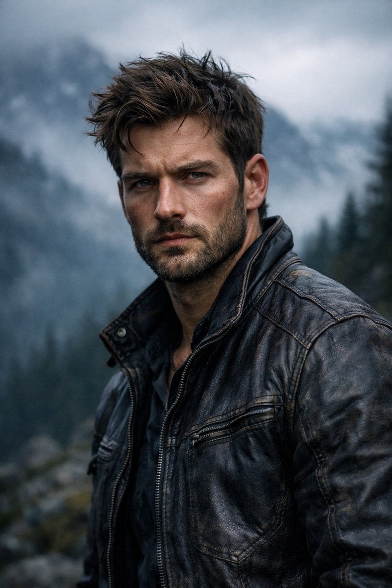Hyper-realistic, cinematic portrait with a rugged outdoor adventure AI image template preview
