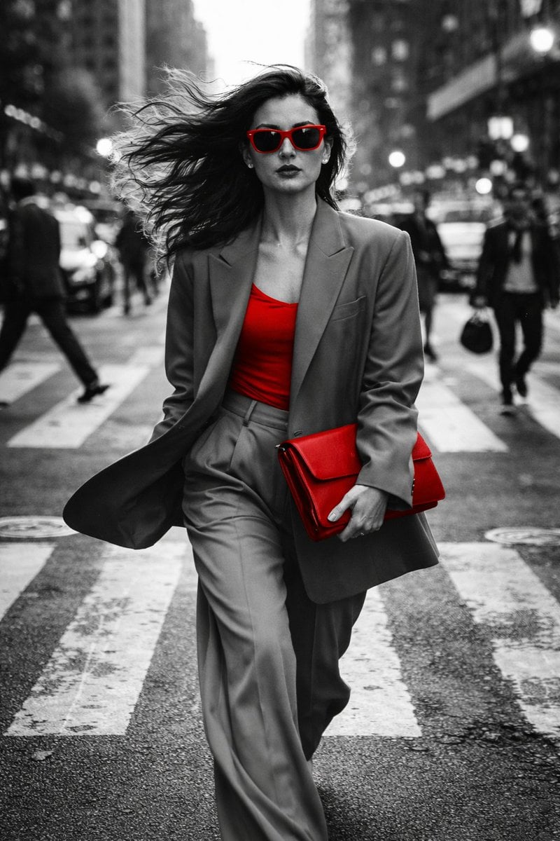 Walking briskly toward the camera, hair flowing backward due to motion AI image template preview