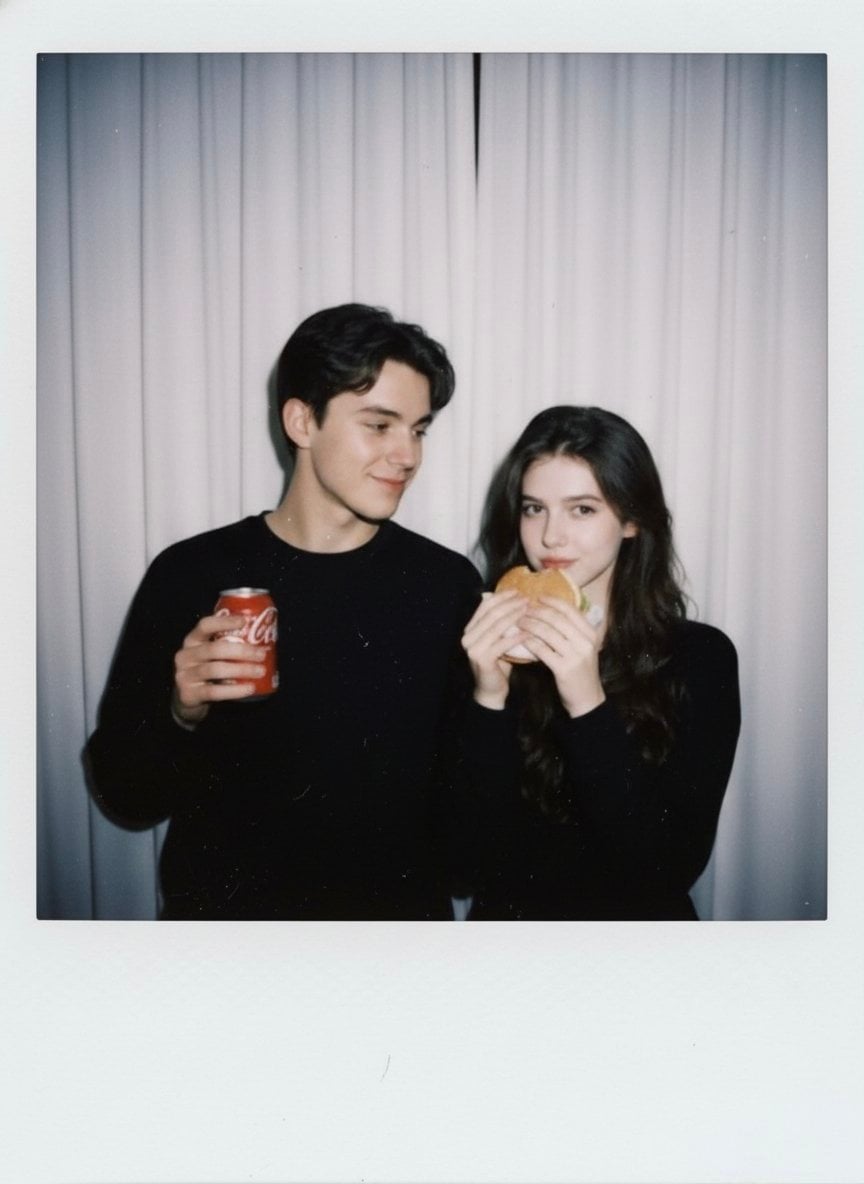 Realistic Polaroid-style instant photo of a boy and girl posing cutely AI image template preview