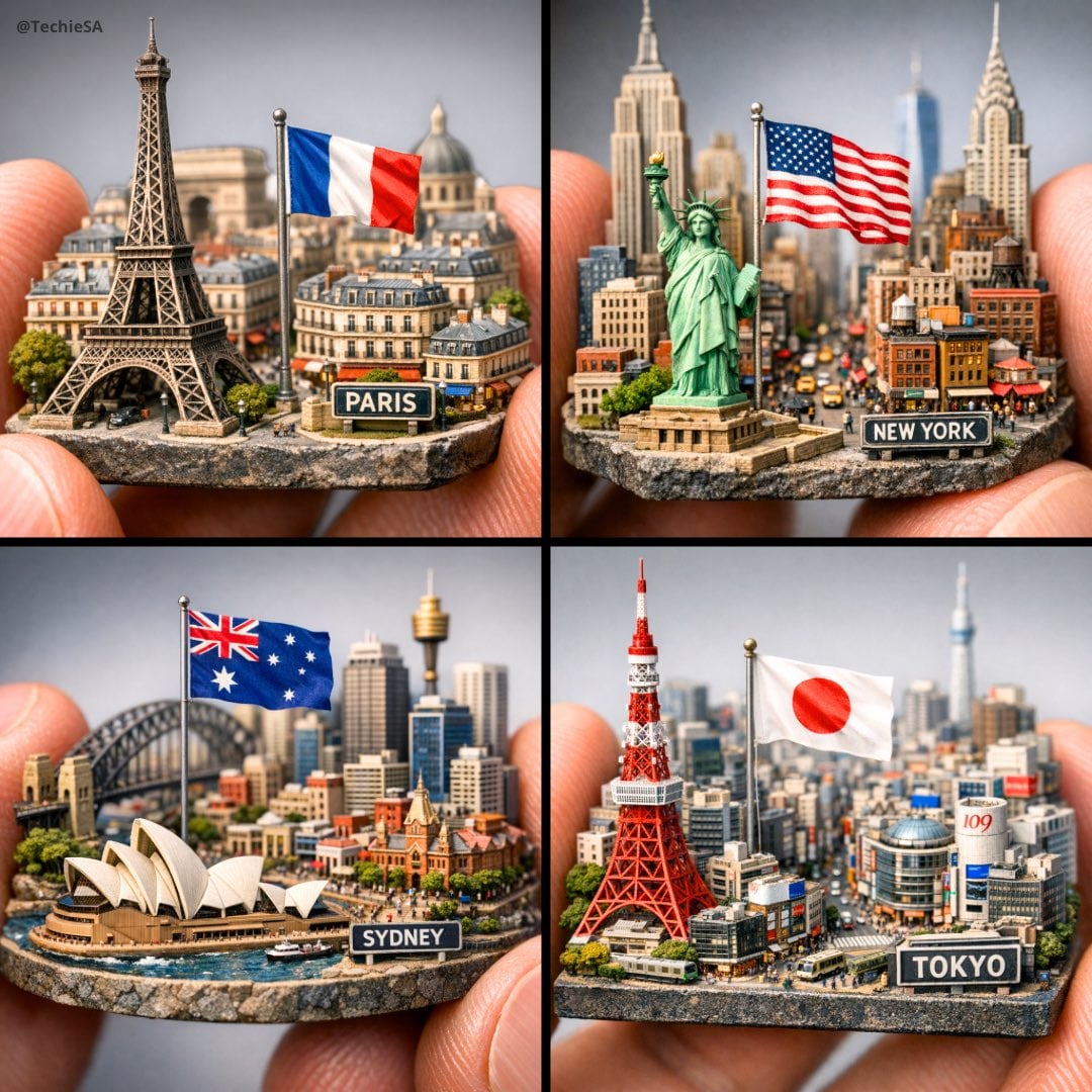 Extreme close-up macro of miniature city diorama on a solid base, held AI image template preview