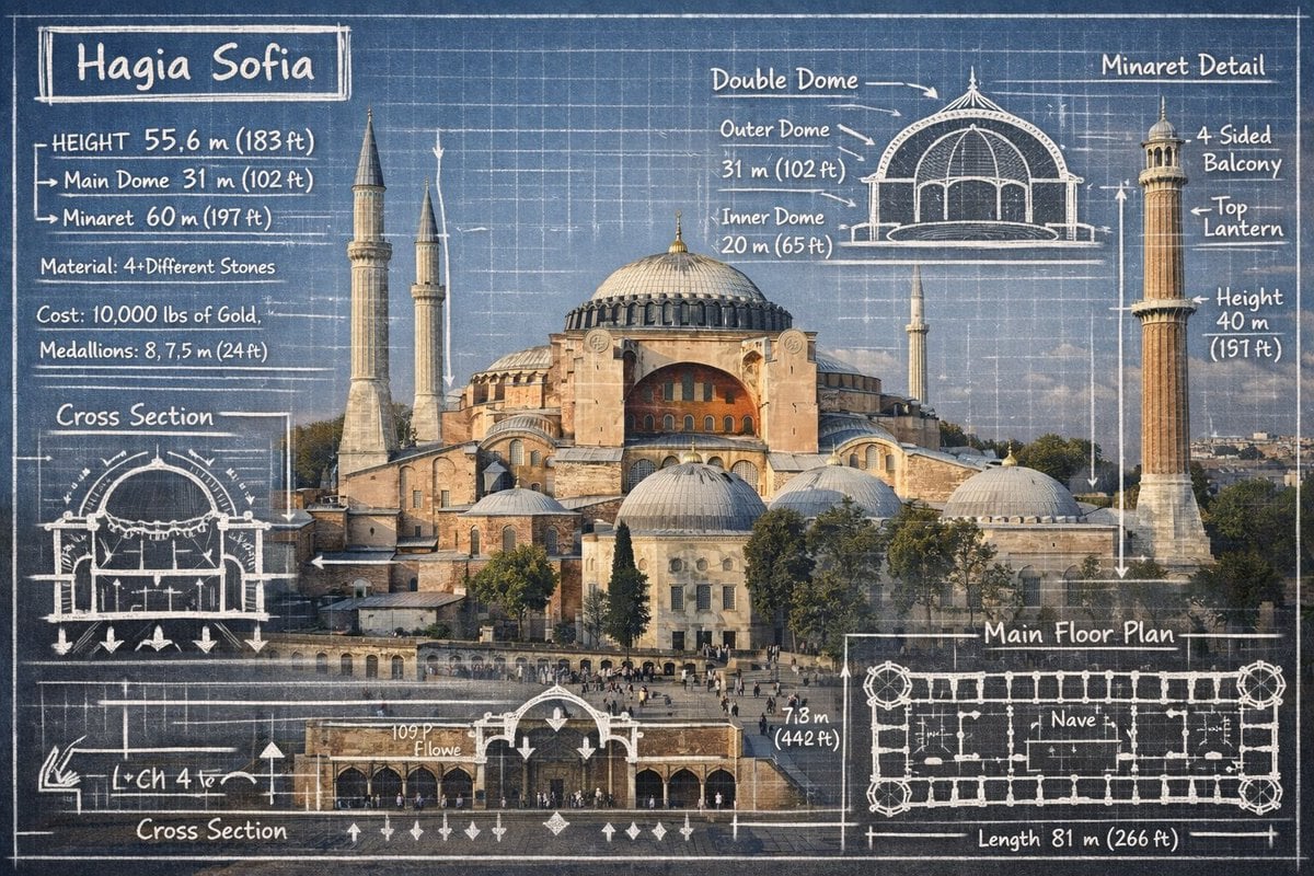 Infographic image combining a real photograph of the landmark AI image template preview