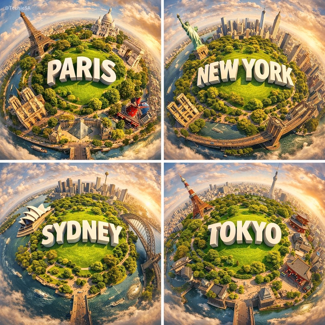 Hyperrealistic miniature planet showcasing with famous landmarks AI image template preview