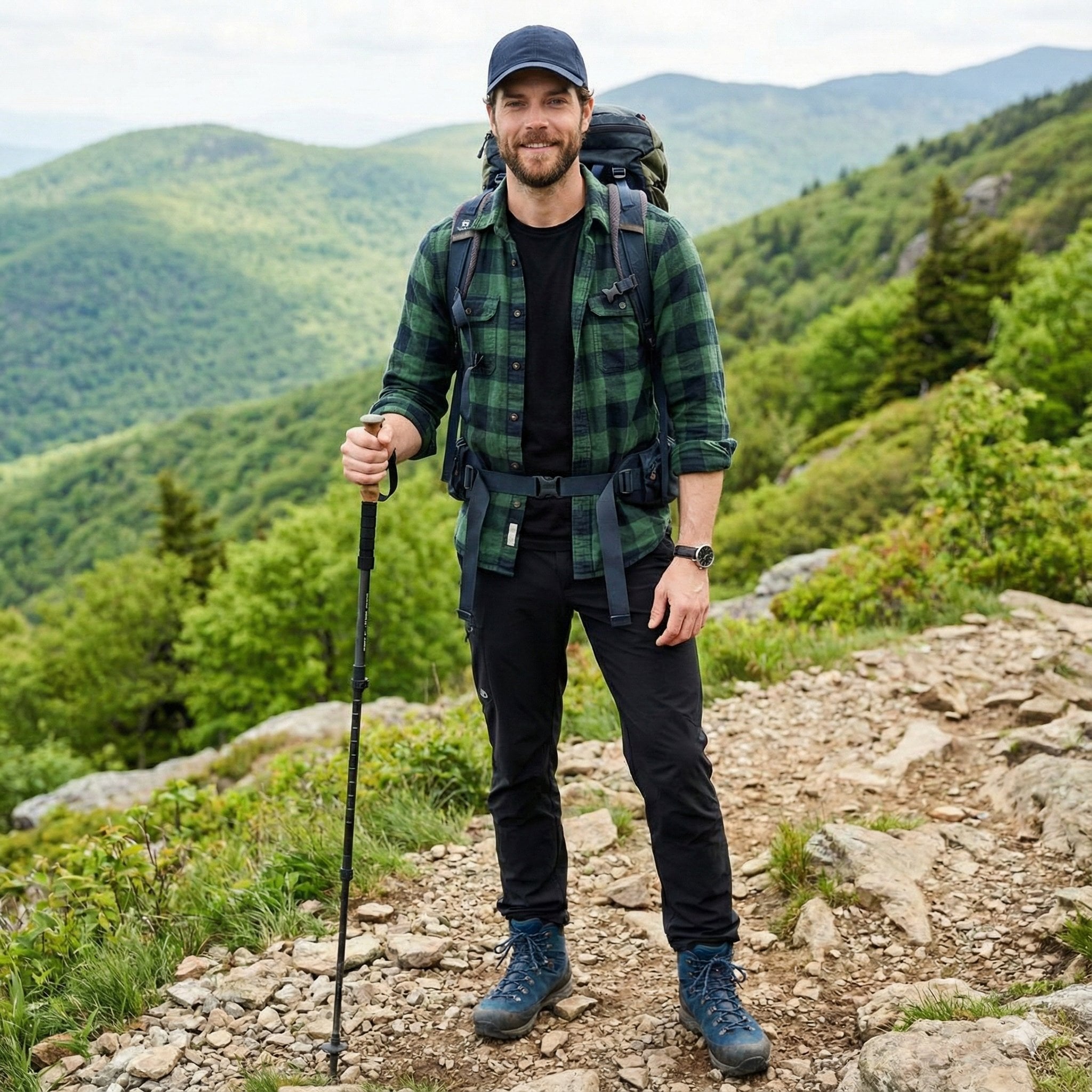 A handsome male trekker sitting comfortably at a mountain campsite, no example 1
