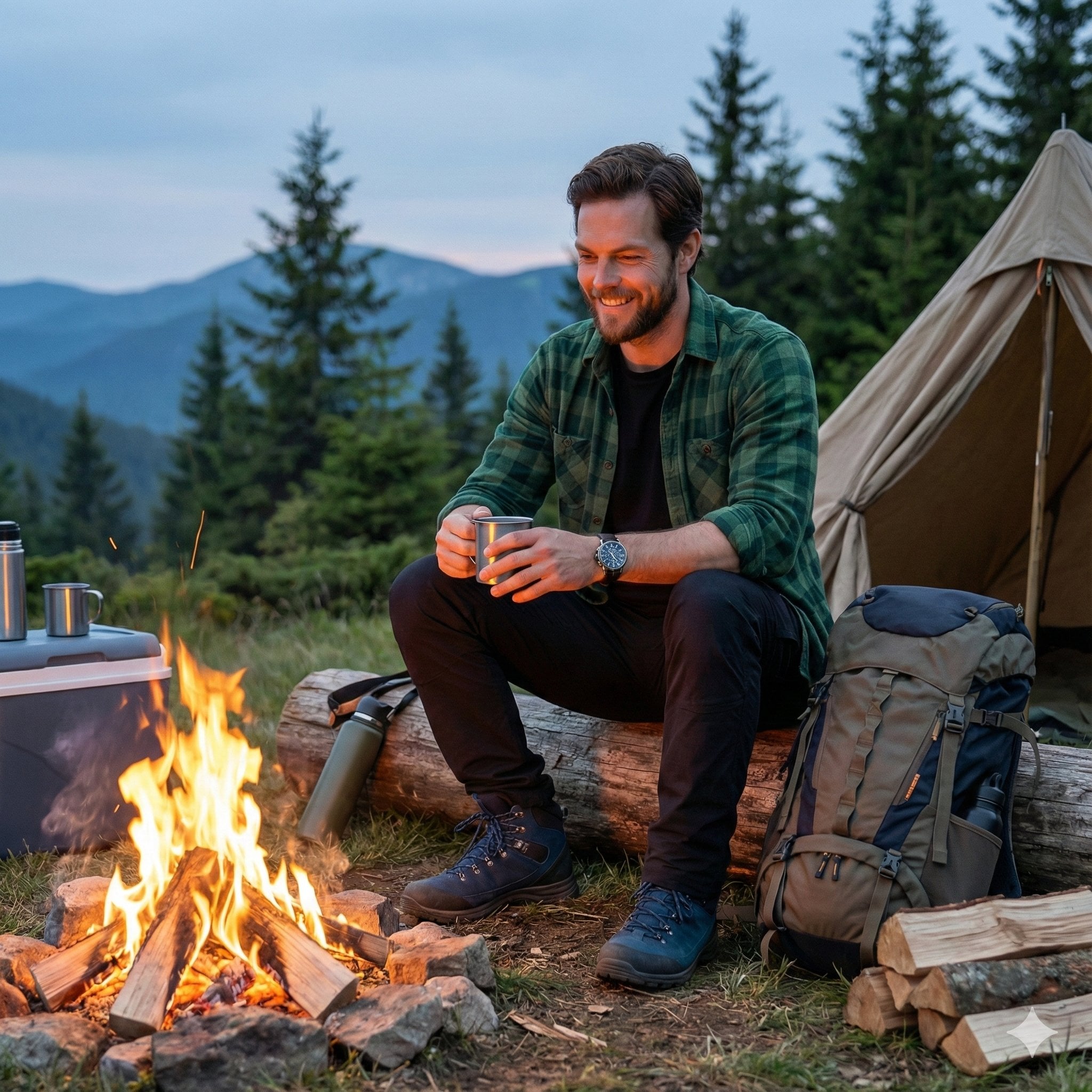A handsome male trekker sitting comfortably at a mountain campsite, no example 2