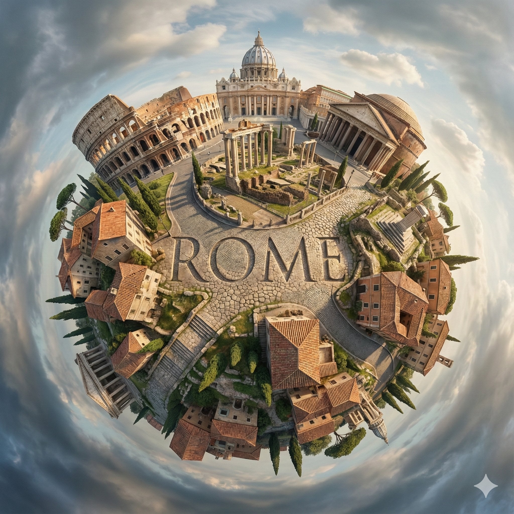 Hyperrealistic, surreal spherical panorama with its most iconic AI image template preview