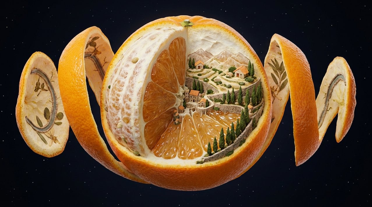 A single suspended in space, frozen mid-peel as its outer skin curls AI image template preview