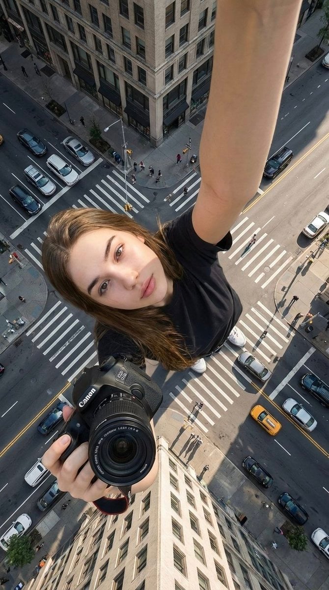 Hyper-realistic cinematic selfie image of a woman using her exact AI image template preview
