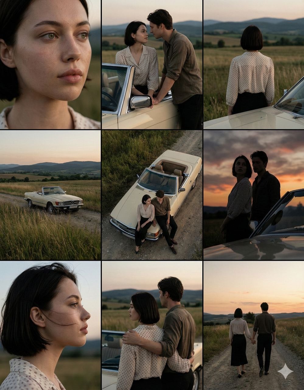 A cinematic 3 3 grid of film-still frames featuring the same couple AI image template preview