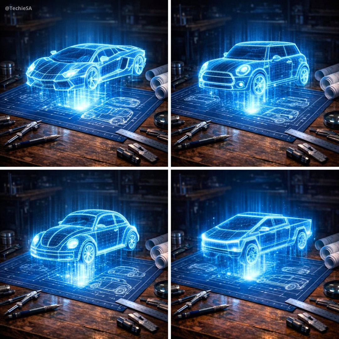 Hyper-realistic 3D holographic blueprint projection of a emerging AI image template preview