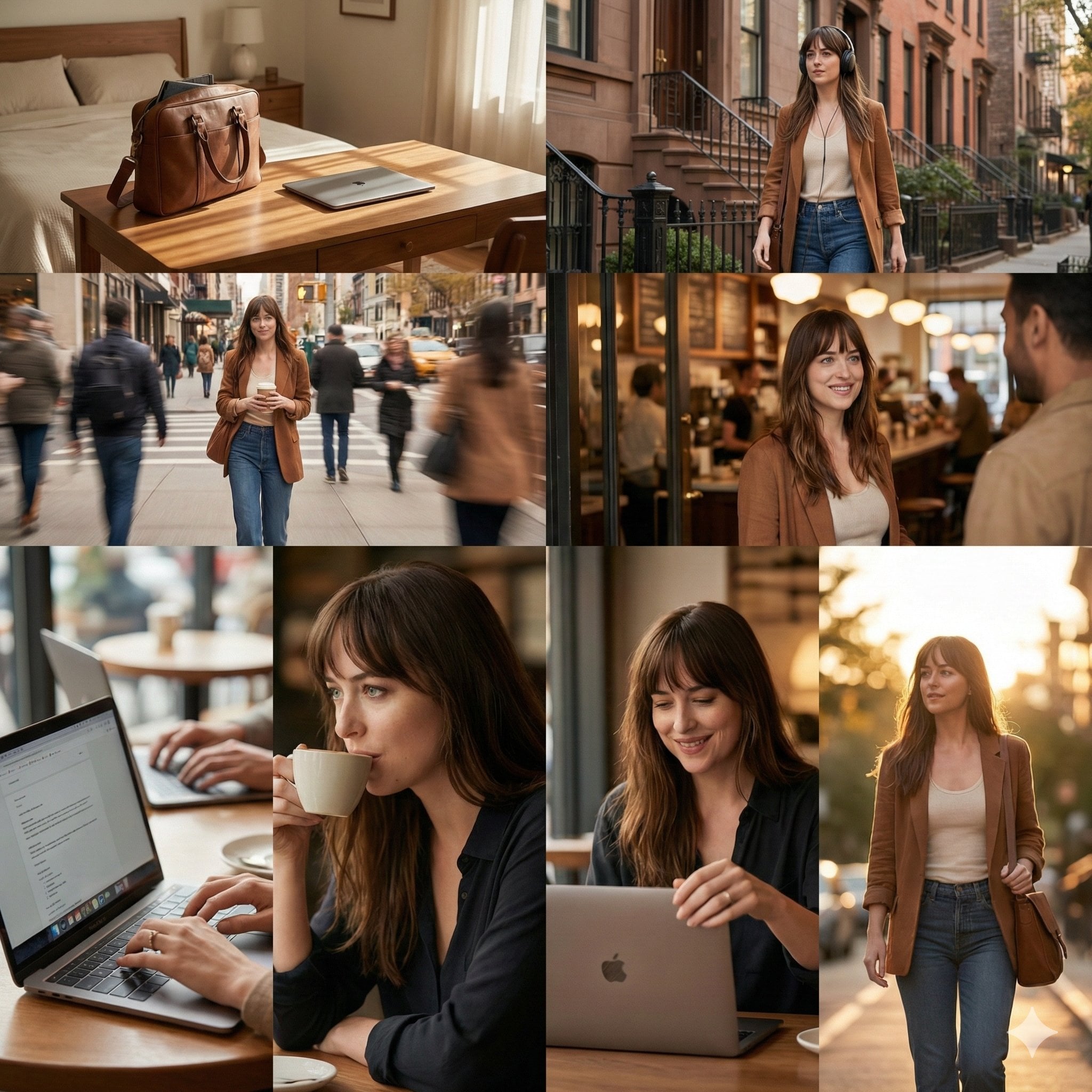 Cinematic 8-photo storytelling collage featuring the same girl AI image template preview