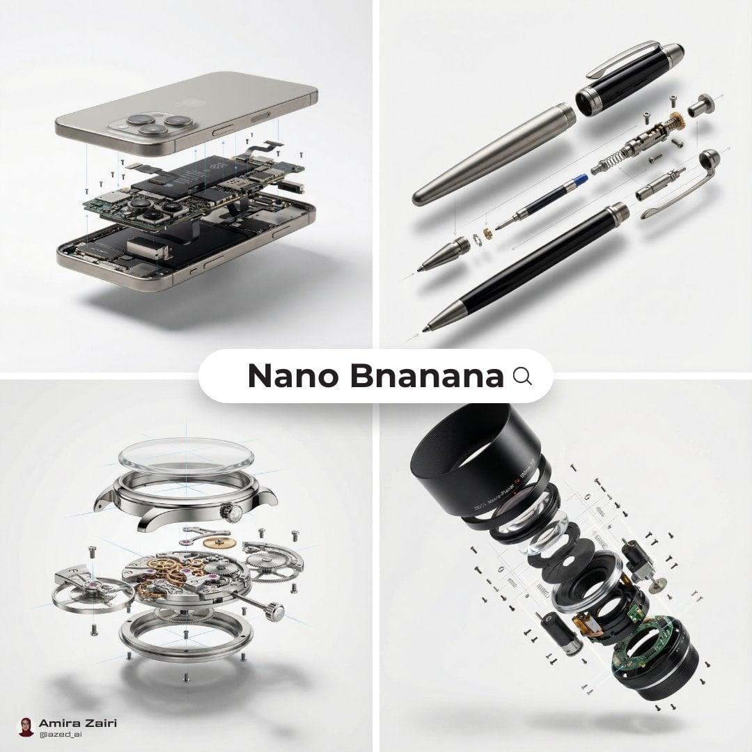 Exploded products with inner mechanics, high-end product advertising AI image template preview