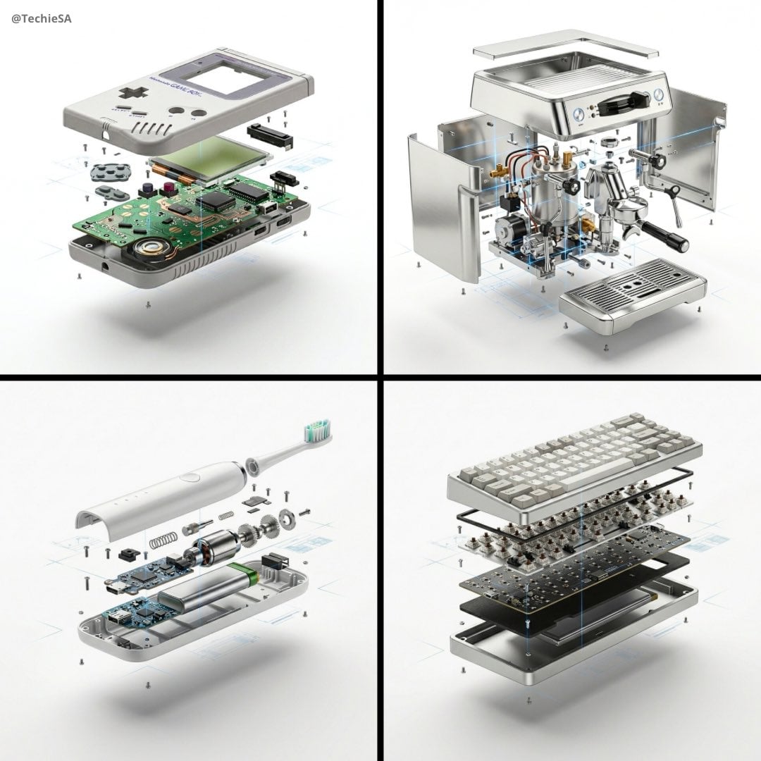 High-end product advertising, white seamless background, exploded view AI image template preview