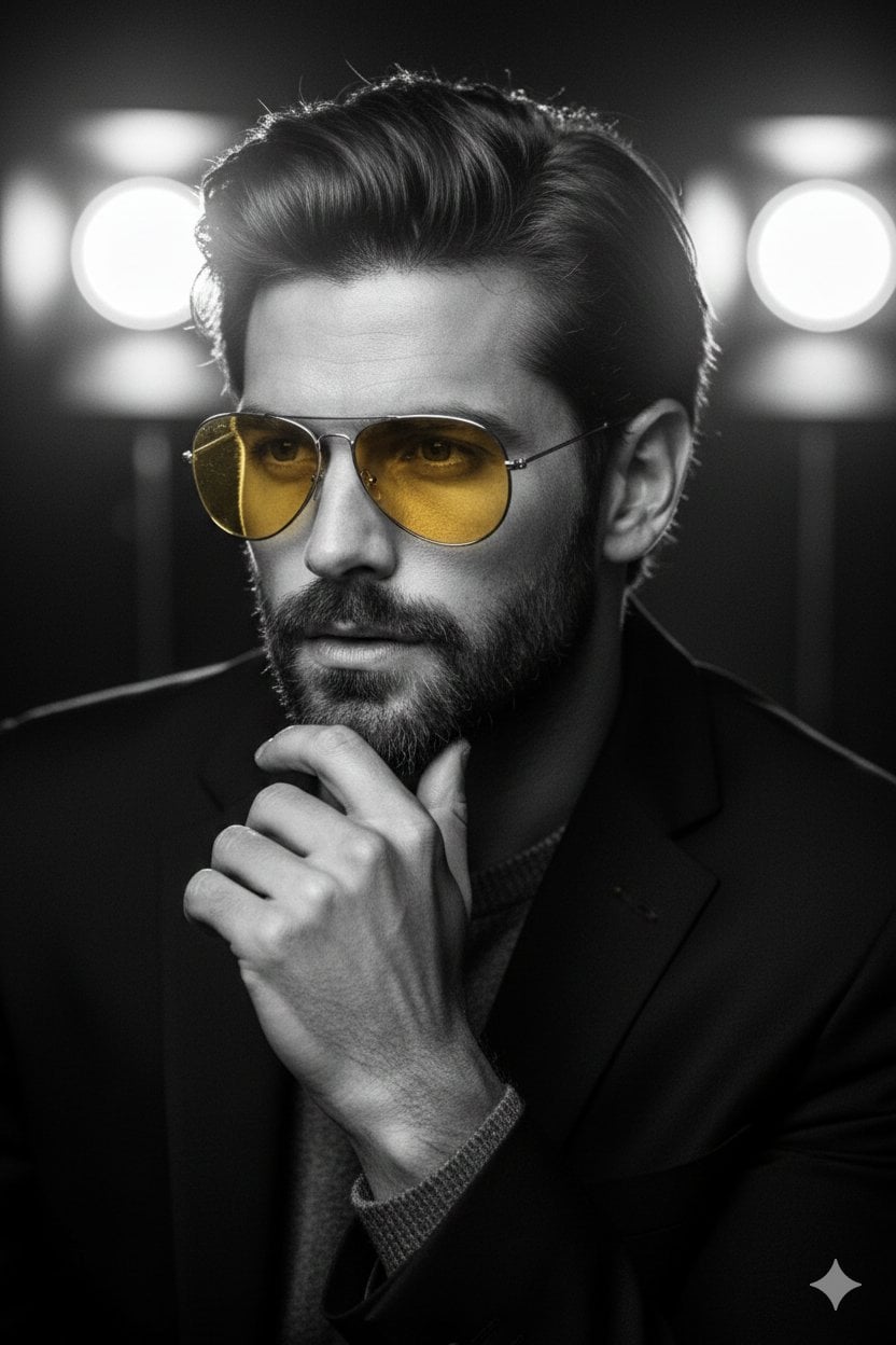 Dramatic black-and-white cinematic portrait with a classic film-noir AI image template preview
