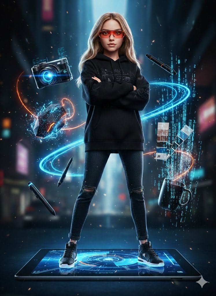 Hyper-realistic full-body portrait of a woman, using the exact pose AI image template preview