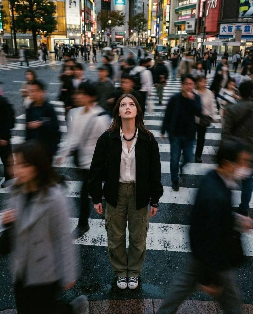 Cinematic street photography capturing a moment in motion with a crowd AI image template preview