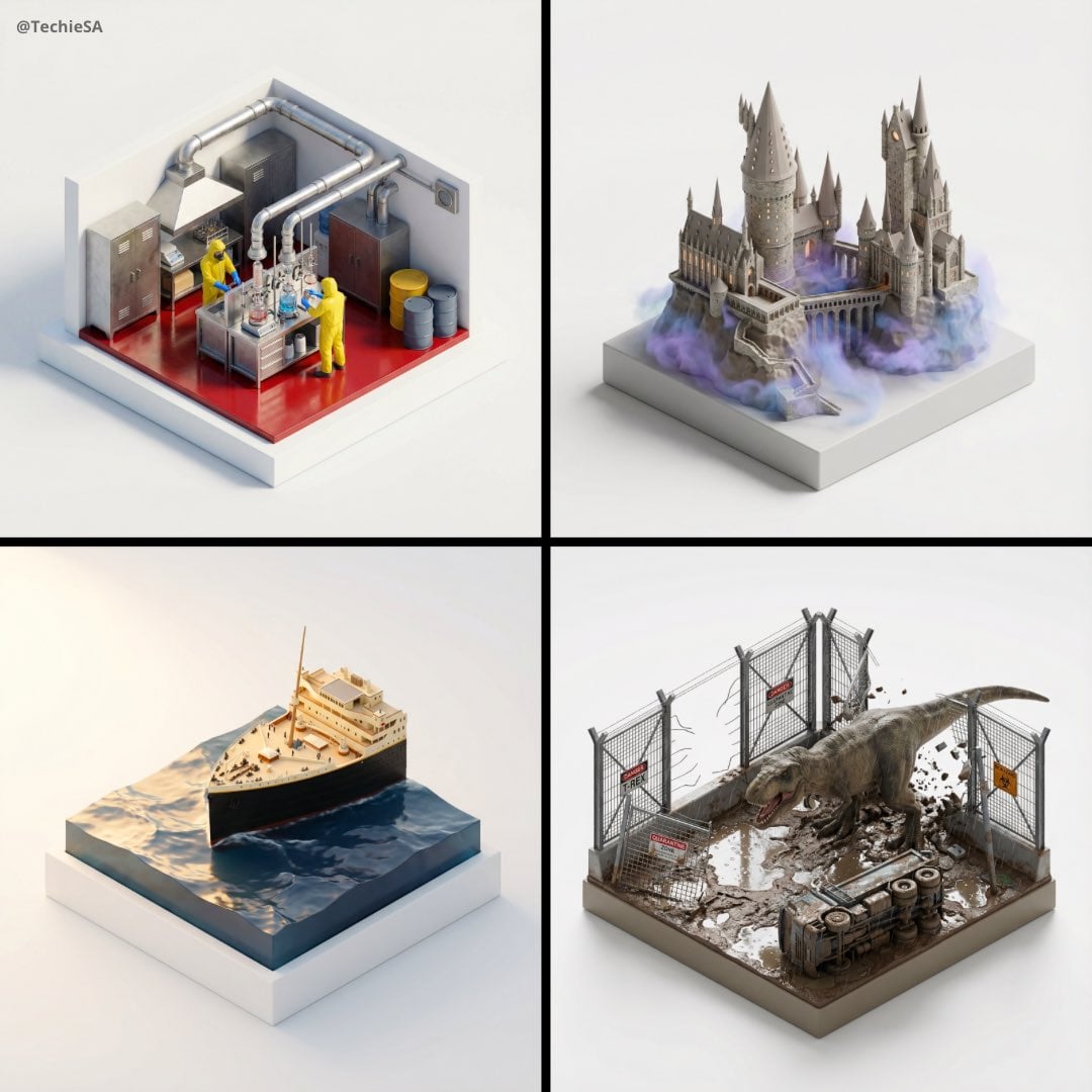 Stylized, ultra high-fidelity 3D isometric miniature diorama, 35 40 AI image template preview