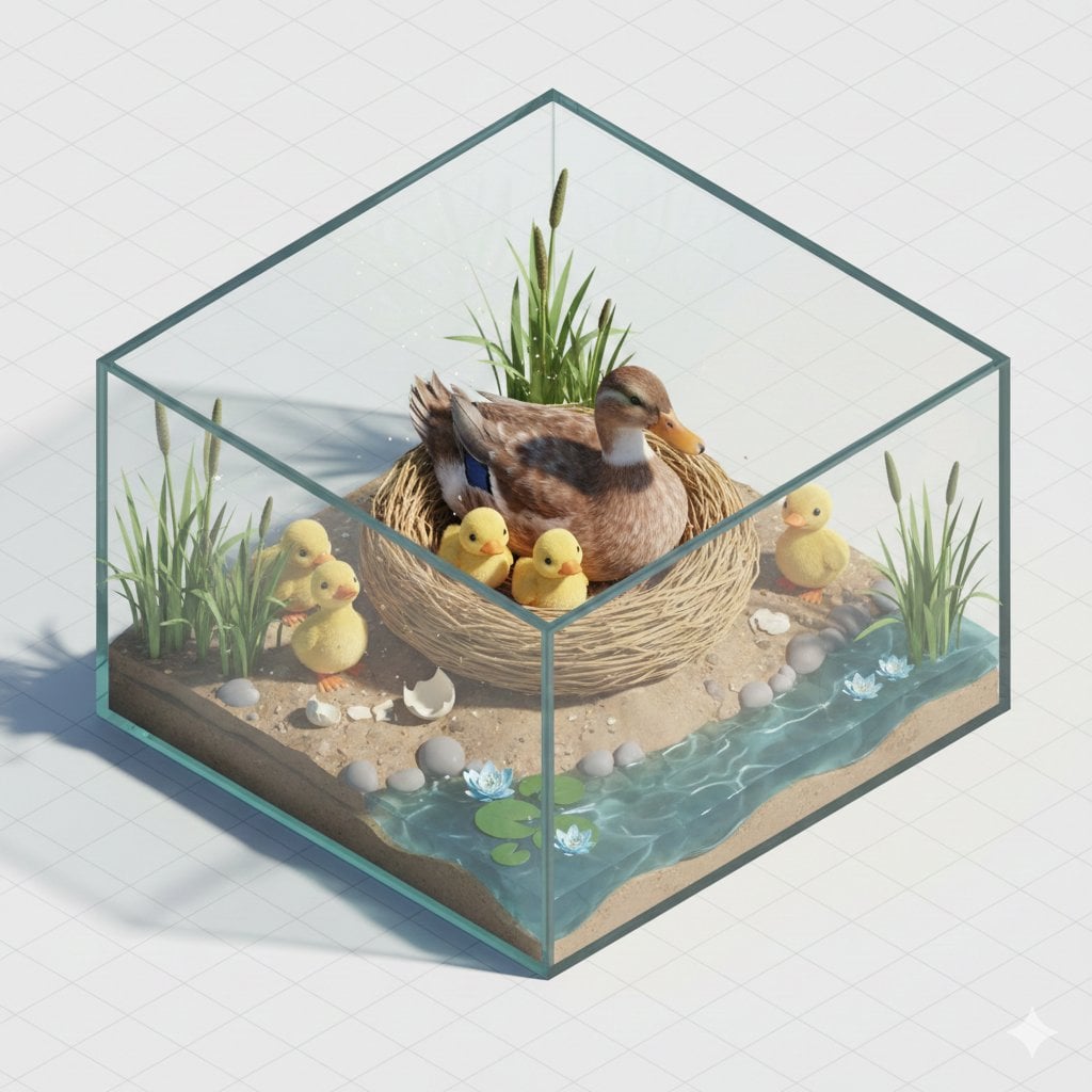 Isometric miniature nature diorama showing a mother feeding newborn AI image template preview
