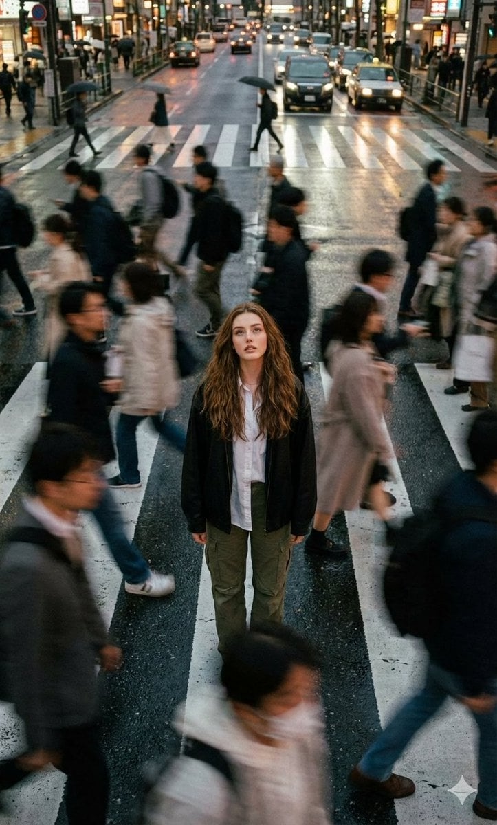 Cinematic street photography capturing a moment in motion with a crowd AI image template preview