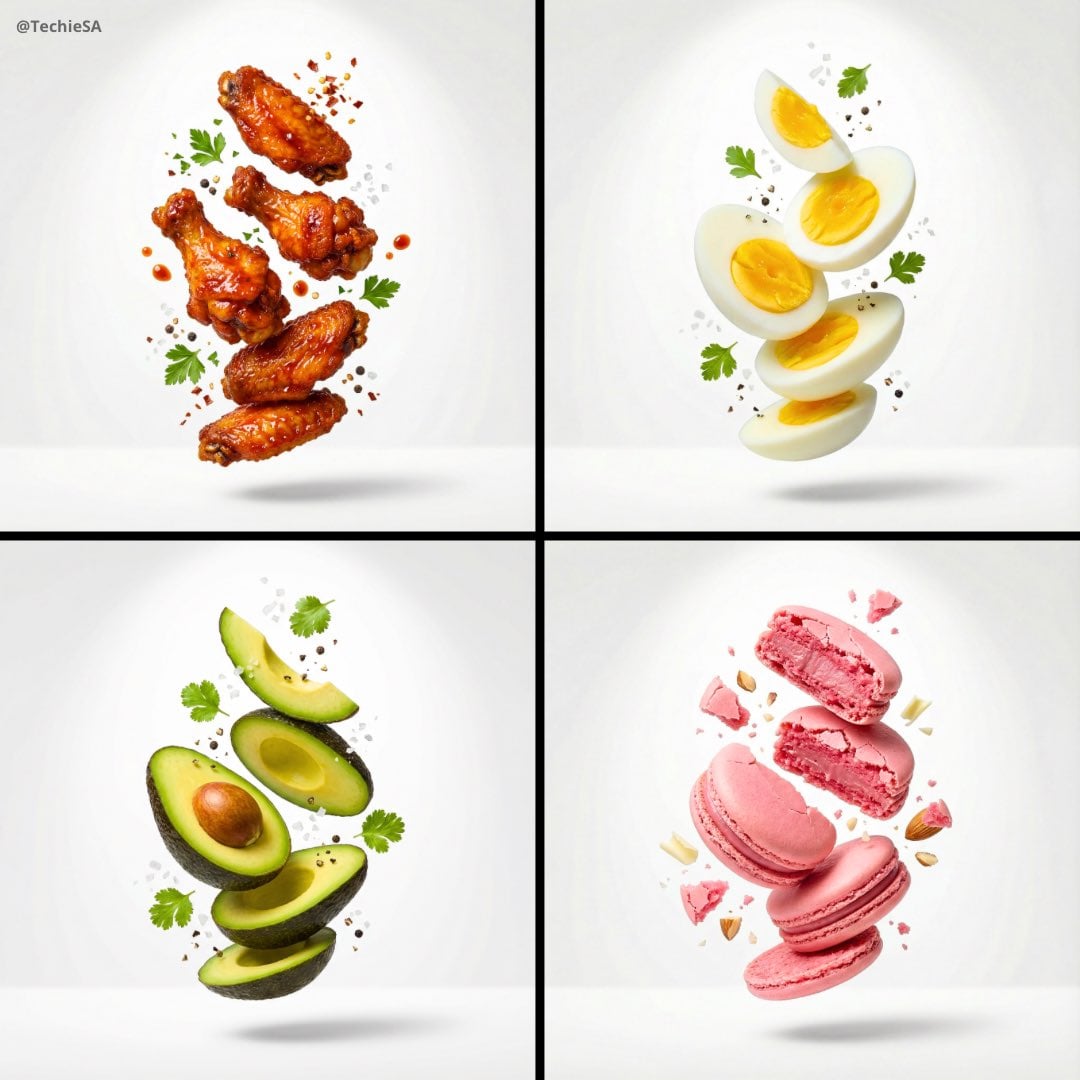 Premium food advertising, white seamless background, high key studio AI image template preview