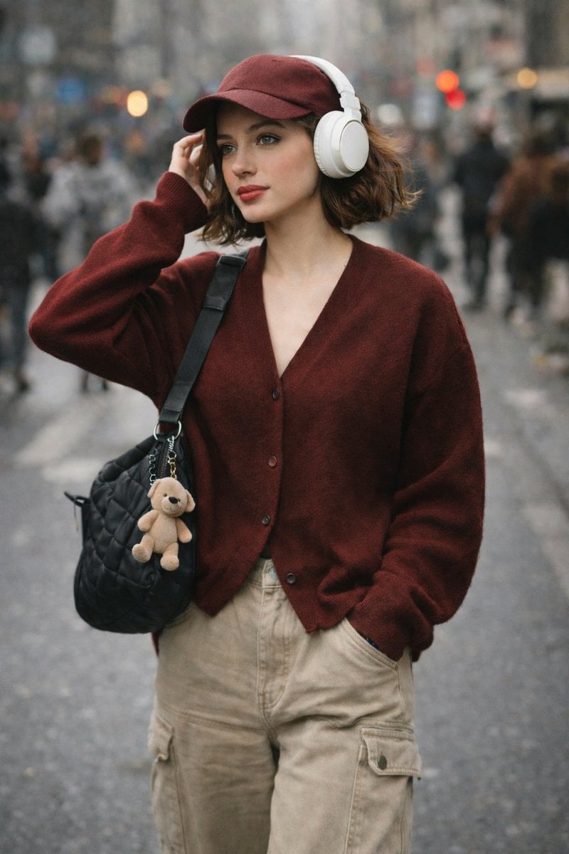 A high-quality, candid street photography shot of a stylish young woman example 2