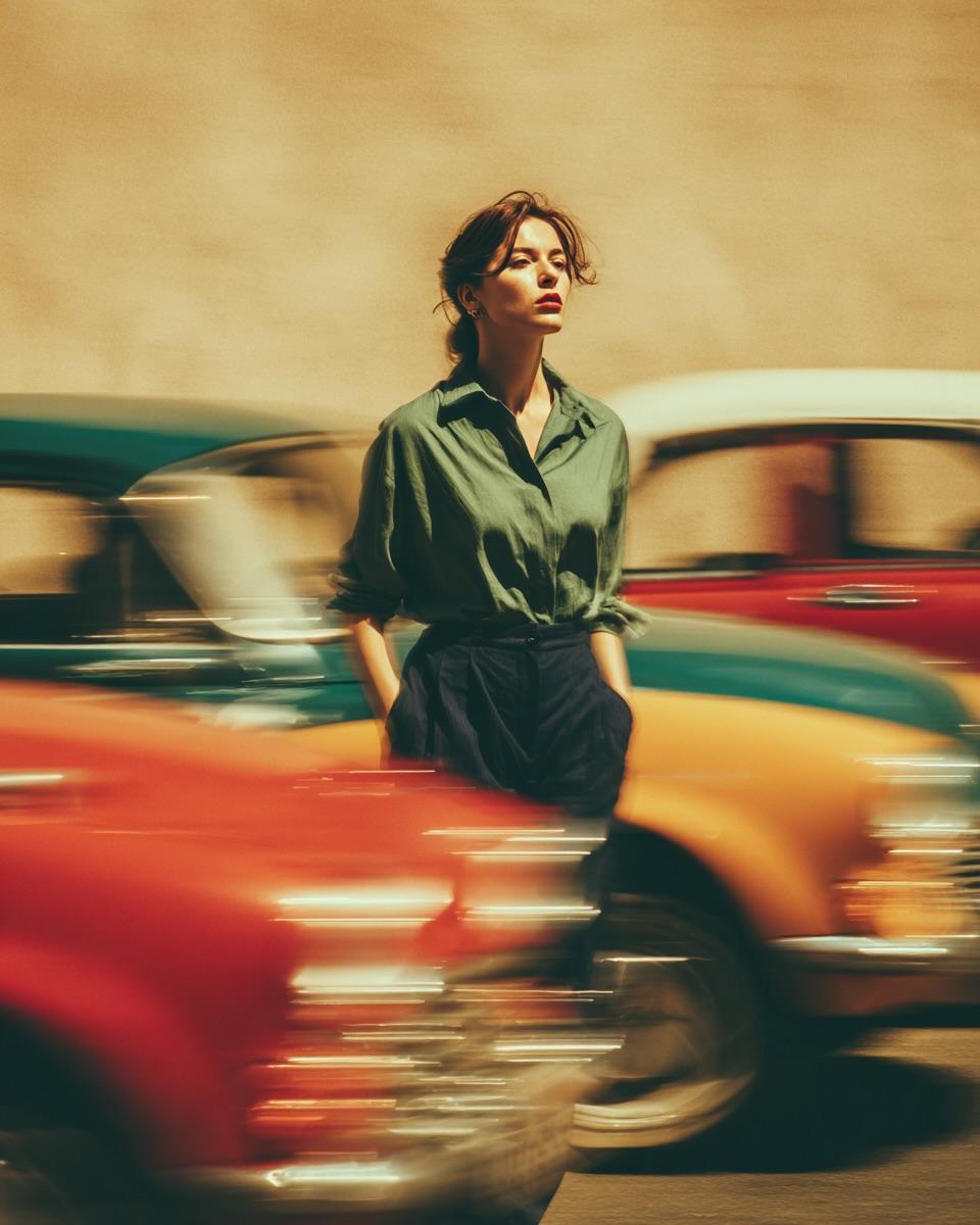 Dramatic motion blur trails, long-exposure photography effect, dynamic AI image template preview