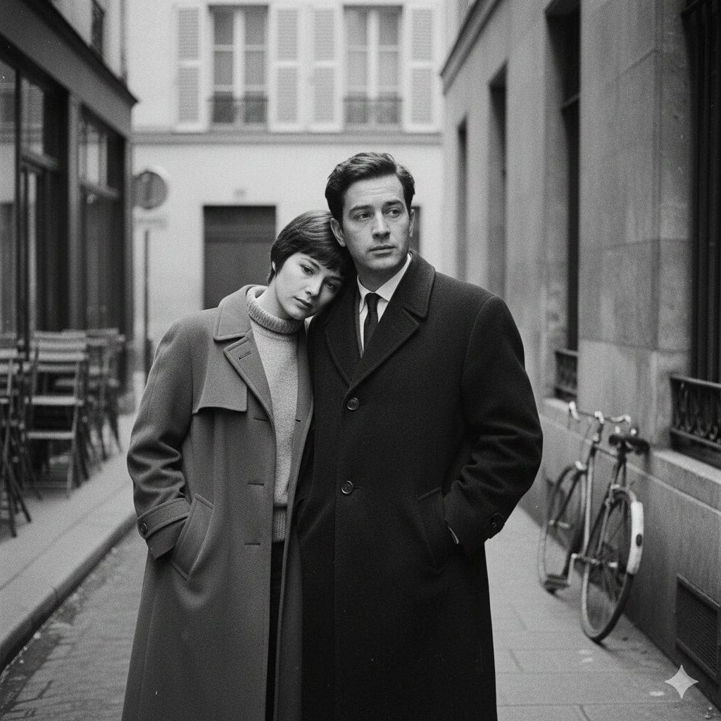A French New Wave style minimalist lovers scene, black and white, 1950s AI image template preview