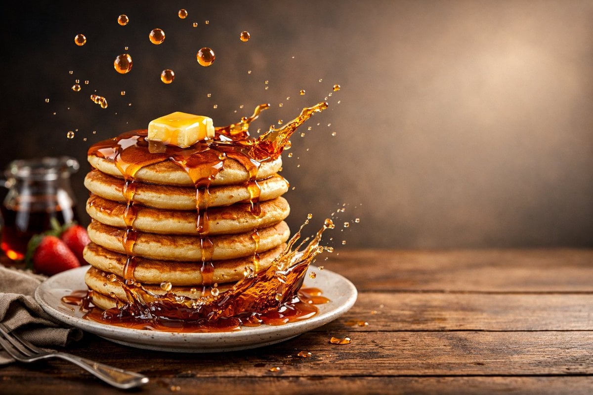 Advertising-style food photography of a stack of pancakes arranged example 2