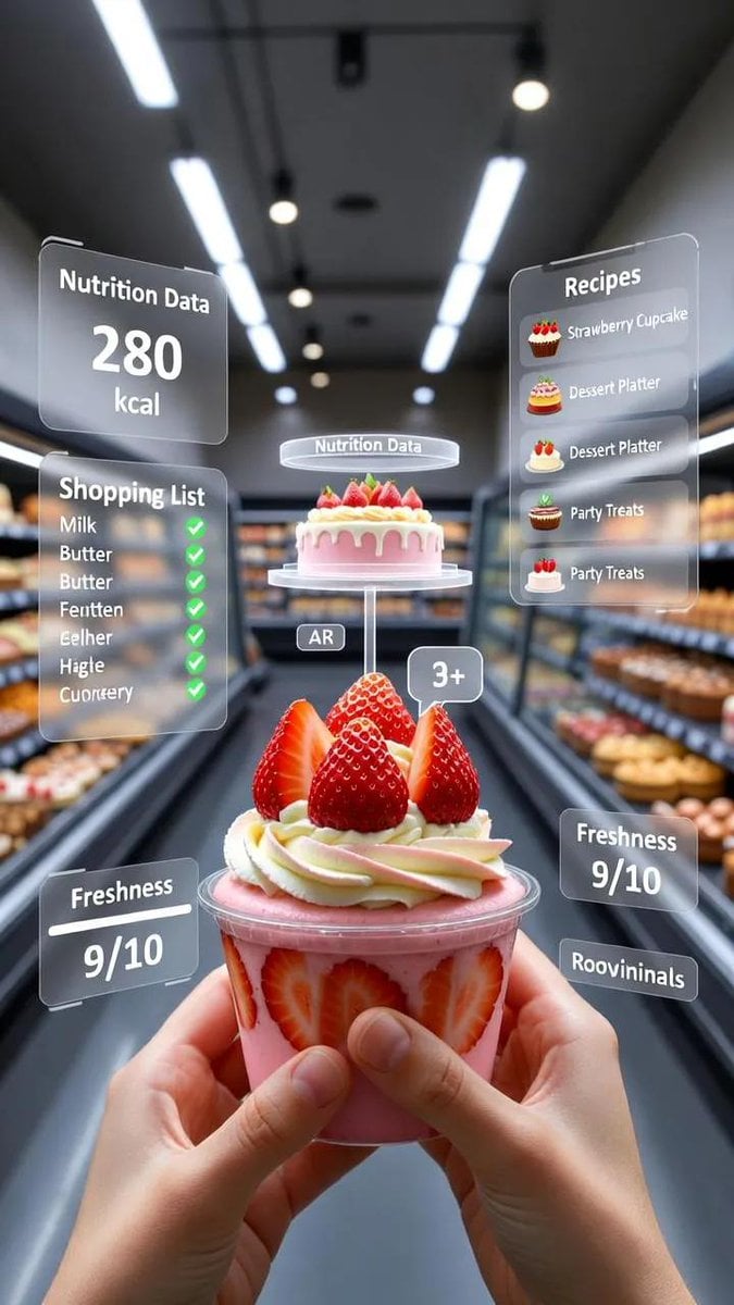 A first-person point-of-view POV shot inside a modern supermarket aisle AI image template preview