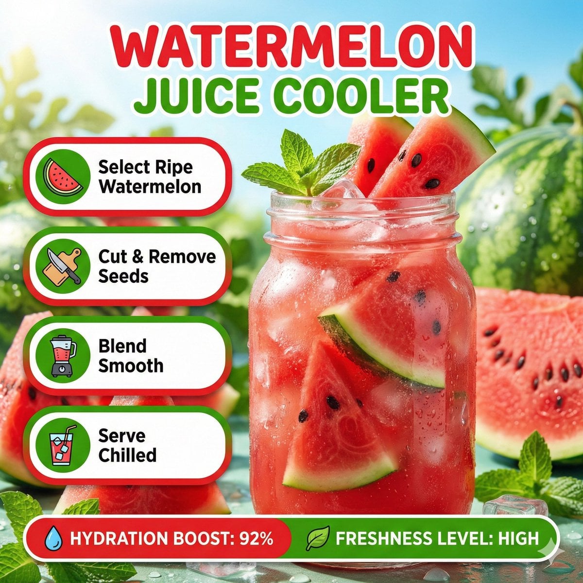 Bright summer infographic showcasing watermelon juice, icy texture AI image template preview