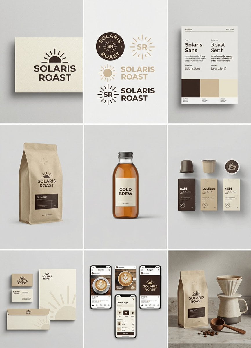 Complete brand identity grid, 3x3 layout, nine tiles showing a full AI image template preview