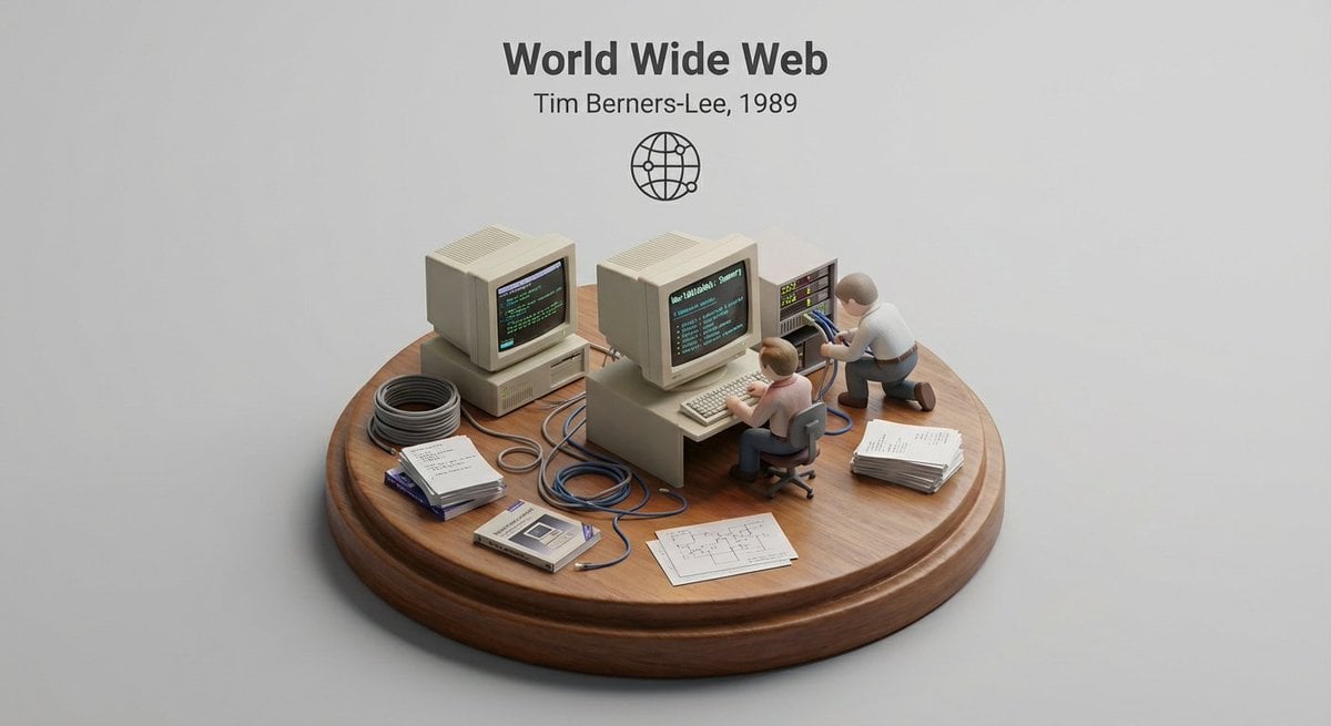 Miniature 3D isometric diorama showing the invention of at the moment example 2