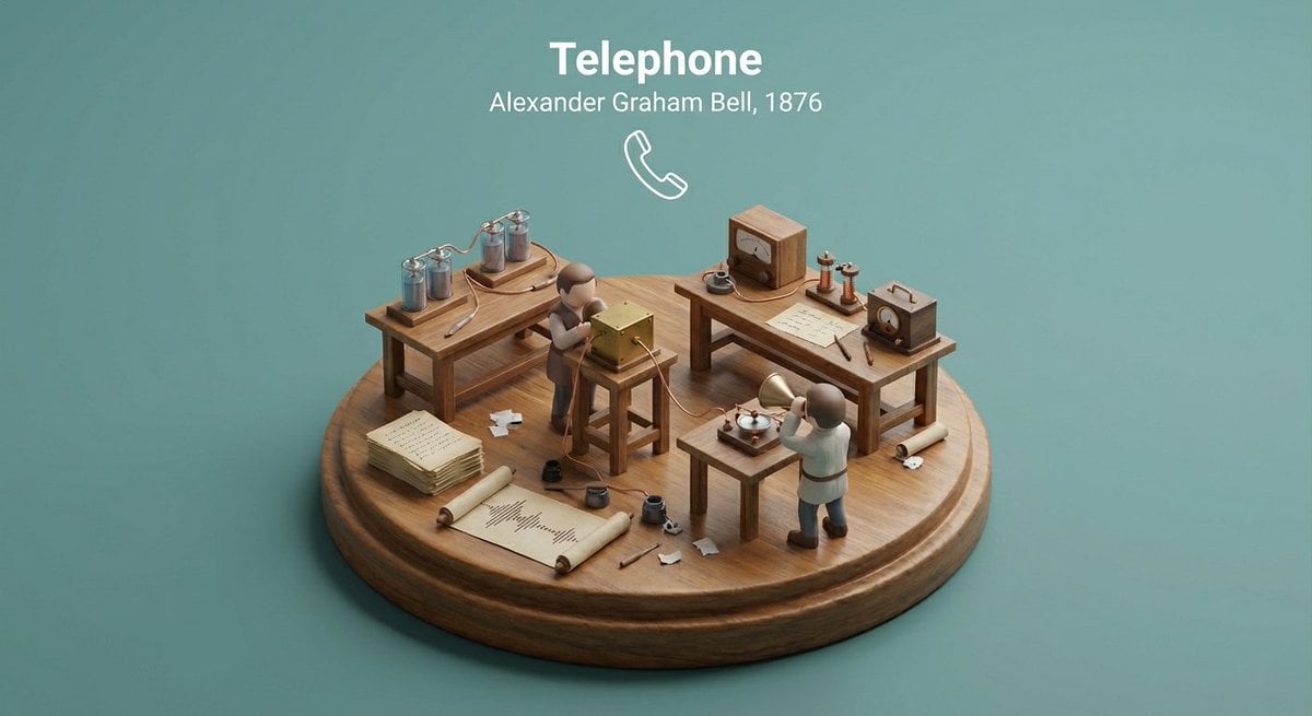 Miniature 3D isometric diorama showing the invention of at the moment example 4