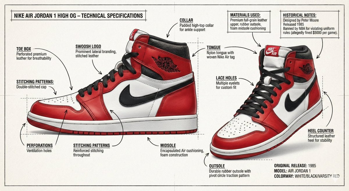 Infographic image of Nike Air Jordan 1 High OG sneaker, combining example 3