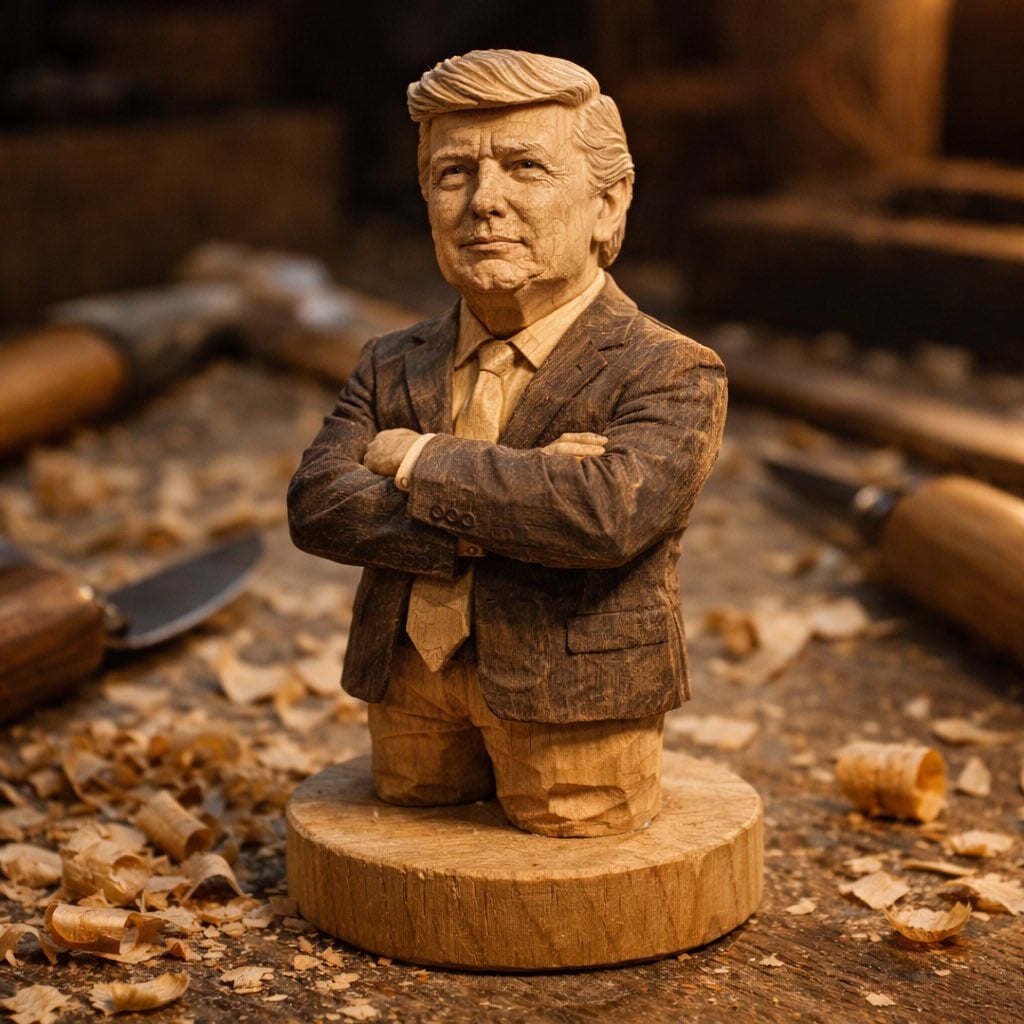 A hand-carved wooden miniature figure shaped with visible knife marks AI image template preview