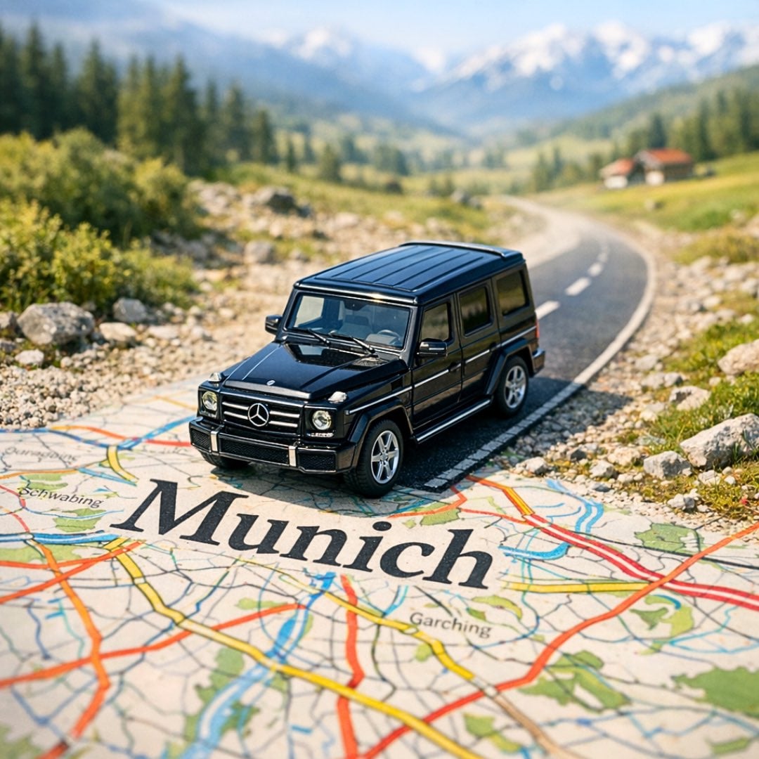 A surreal, hyper-realistic close-up scene of a miniature driving along AI image template preview