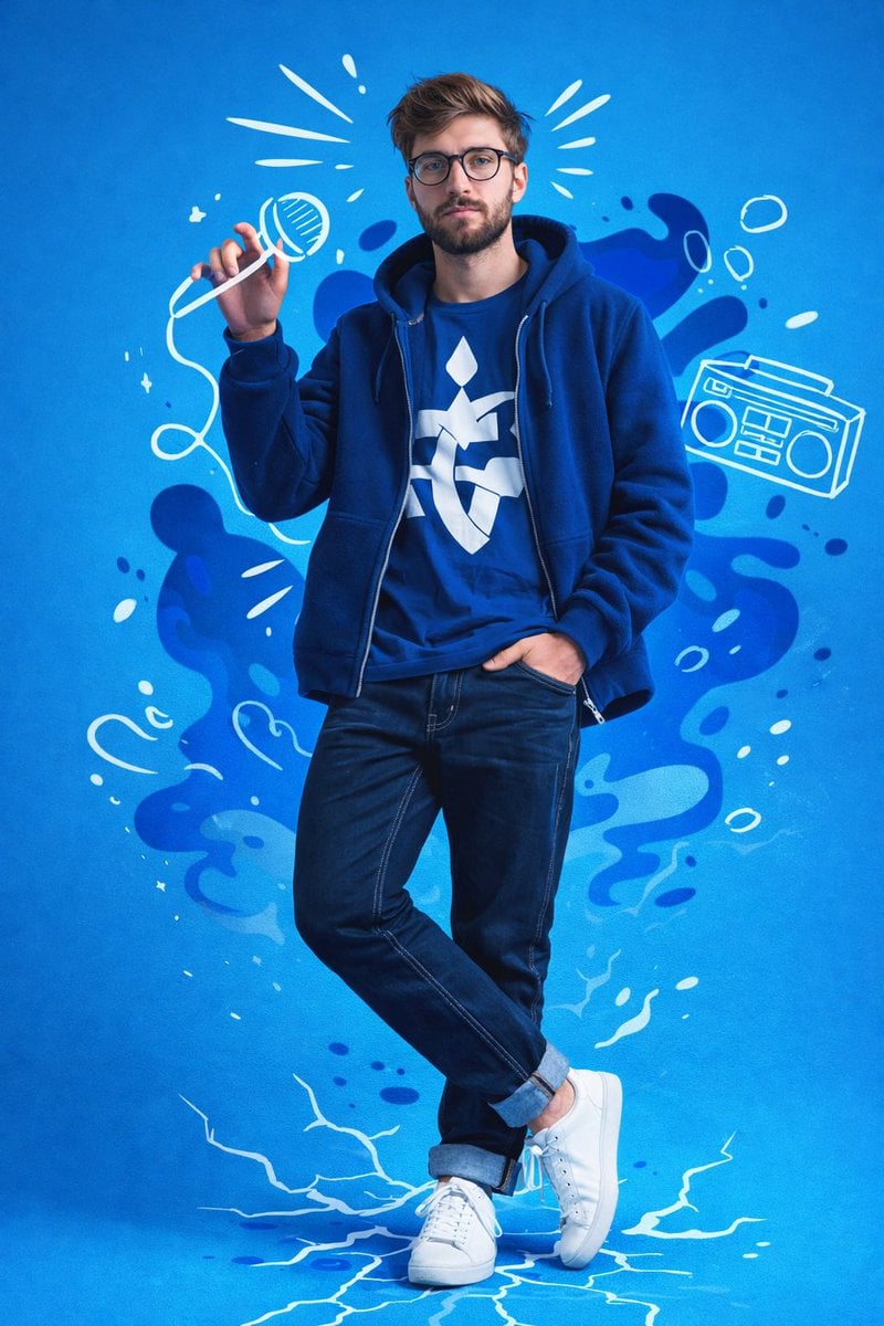 A full-body studio portrait of a young man in a dynamic, confident pose example 1
