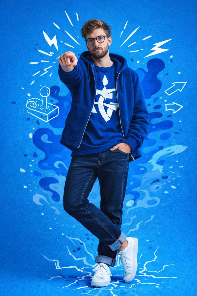 A full-body studio portrait of a young man in a dynamic, confident pose example 2