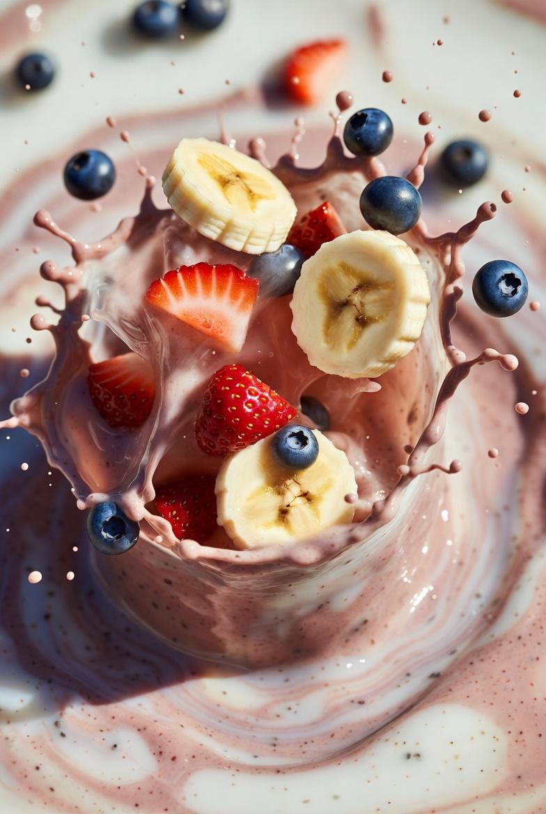 Ultra-realistic smoothie explosion, banana slices, strawberry pieces AI image template preview